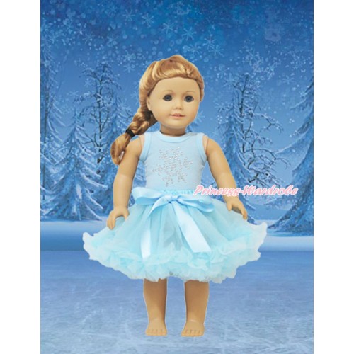 Frozen Light Blue Tank Top Sparkle Rhinestone Snowflakes & Light Blue Pettiskirt American Girl Doll Outfit DO026